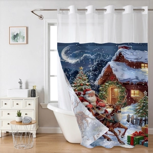 Detailed Christmas illustration on waterproof polyester shower curtain with metal grommets