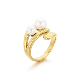 Minimalist geometric gold double pearl open ring with stylish textured metal finish