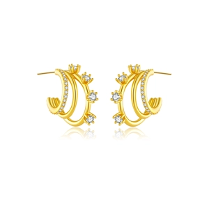 Elegant gold 925 silver C-shape earrings with triple-layer zircon stone inlay