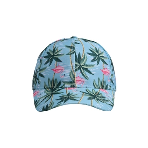Light blue baseball cap with pink flamingo and green palm tree tropical print patterns