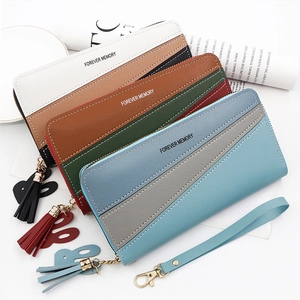 Three-color patchwork long zipper wallets for women with tassels and wrist straps