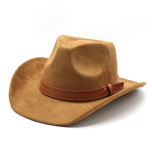 Classic camel faux suede western cowboy hat with brown studded leather band on white background