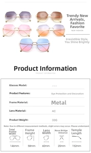 Detailed size specifications for polygon rimless sunglasses with metal frame and AC lens