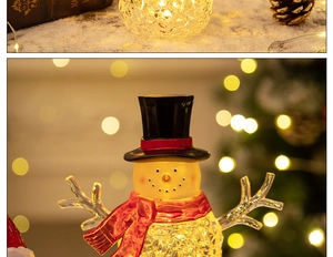 Close-up of glowing crystal snowman with red scarf and hat against festive bokeh lights