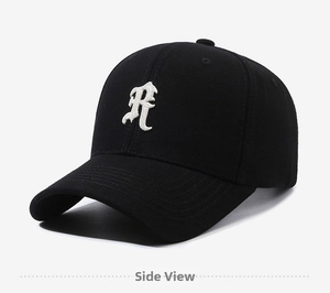 Detailed side view of the black cotton twill baseball cap with white R embroidery