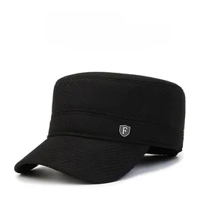 Detail of black winter army cap featuring thick twill fabric and silver metal F logo