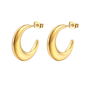 Elegant gold polished stainless steel C-shaped hoop earrings for women on white background