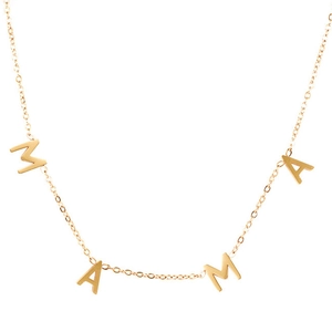 Detail of gold double-layered necklace featuring MAMA letter pendants on a snake chain