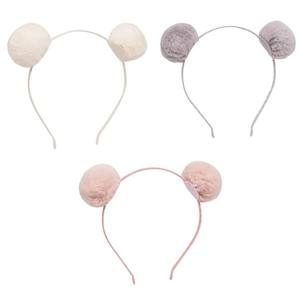 Plush bunny ear headband with soft faux fur pom-poms in white, grey, and pink colors