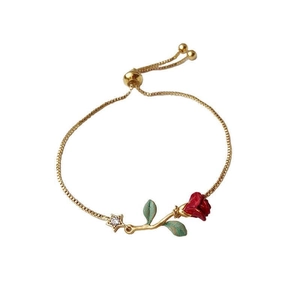 Hand-painted red rose bracelet with green leaves and a gold star charm on a sleek chain