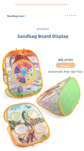 Detail view of foldable dinosaur bean bag toss game with score pockets and pop-up design