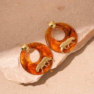 Amber Resin Hoop Stud Earrings Gold Metal Leopard Decoration With Silver Earring Post Vintage Retro Style For Women