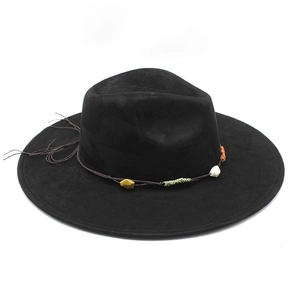 Detailed view of black suede wide brim fedora with colorful stone beads and cord strap