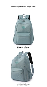 Front and side views of a light blue-green nylon backpack with multiple compartments