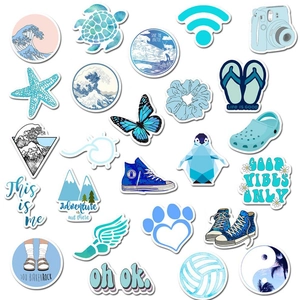 Blue aesthetic waterproof stickers featuring ocean waves, turtles and summer vibes typography