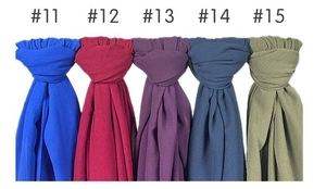 Detail view of five pearl chiffon scarves in various colors with item numbers