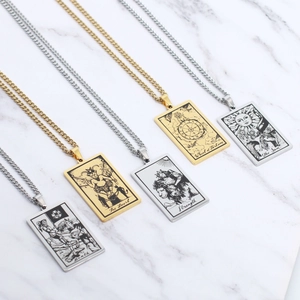 Retro stainless steel tarot card necklaces with Death, Sun, and Devil pendants on Cuban chains
