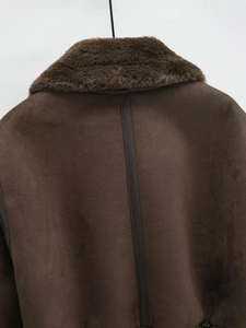 Detail of faux fur collar and suede texture on warm brown winter jacket back