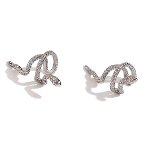 Minimalist silver snake ear cuffs with scale texture in polished stainless steel finish