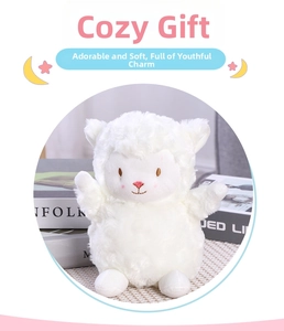 Close-up of white plush lamb toy with soft curly faux wool and pink heart nose