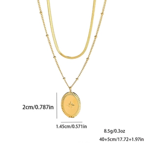 Double-layer gold starburst pendant necklace with snake chain and sizing dimensions