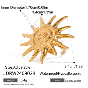 Detail view of adjustable golden sun ring with dimensions and waterproof features