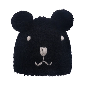Winter plush bear ear knit hat in black with cute cartoon embroidery for warmth