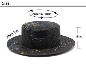 Detailed size specifications for the black graffiti boater hat with art paint splatter