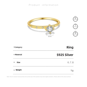 Detail view of gold S925 sterling silver ring with 4mm zircon and size dimensions