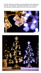 Detail of crystal Christmas tree light with spiral metal frame and hanging prisms