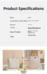 Detailed size chart for white PU insulated lunch bags in square and triangle shapes
