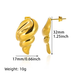 Golden spiral wing textured earrings in polished stainless steel for women, 32mm size