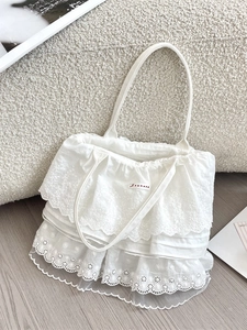 Borsa tote bianca con balze di pizzo multistrato e doppi manici in stile vintage