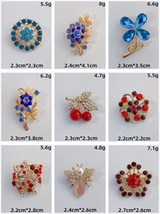 Detailed grid of crystal alloy brooches featuring floral, fruit, and insect designs