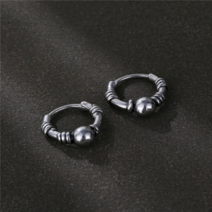 Vintage Punk Hoop Earrings 316L Stainless Steel Distressed Retro Gothic Hip Hop Men Unisex Threaded Round Bead