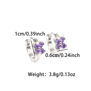 Detail view of S925 sterling silver clover earrings with purple zircon and dimensions