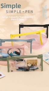 Macro detail of high-capacity transparent PVC pencil cases with colorful zipper frames