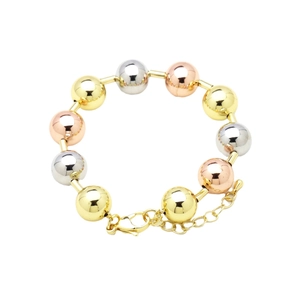 Three-tone 18k gold plated beaded bracelet with polished silver and rose gold round beads