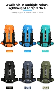 Detail view of 60L large capacity hiking backpacks available in six various vibrant colors