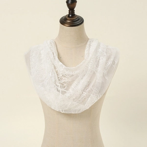 Close-up of white floral lace collar veil with breathable mesh texture on a model