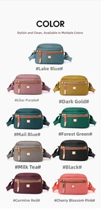 Showcase of small nylon crossbody bags in various colors with brown zippers and metal hardware