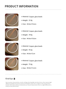 Tableau détaillé montrant les spécifications des colliers de perles de tailles variées
