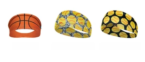 Detail view of sports headbands with baseball and orange basketball texture prints