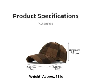 Detail view of plaid wool baseball cap with dimensions and weight specifications