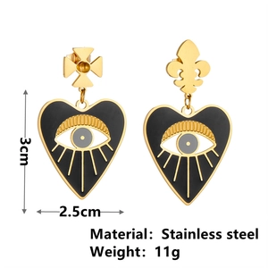 18k gold-plated stainless steel evil eye earrings with cross and fleur-de-lis charms