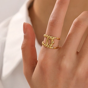 18K gold plated stainless steel double-layer beaded ring with adjustable open band for women