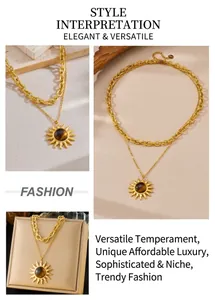 Close-up of golden layered cuban chain necklace with tiger eye stone sun pendant detail