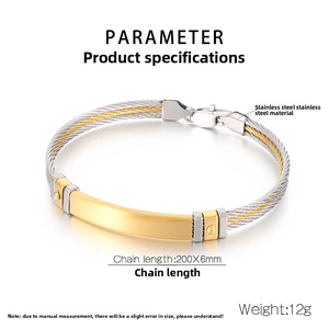 Detail of two-tone braided steel cable bracelet with 200x6mm size and golden plate