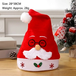Plush red Santa hat with glasses embroidery and holly detail, size 28x38cm