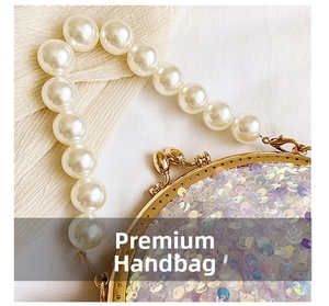 Detail of holographic sequins and white pearl handle on an elegant mini shell bag
